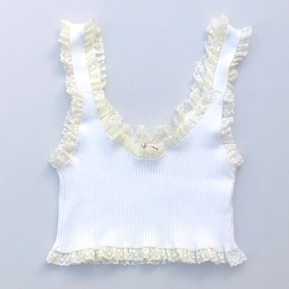 For Love and Lemons Britney ruffle lace trim cami ribbed Crop Top